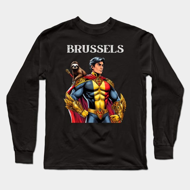 Brussels 70s Fantasy Comic Book Belgian Superhero Long Sleeve T-Shirt by Woodpile